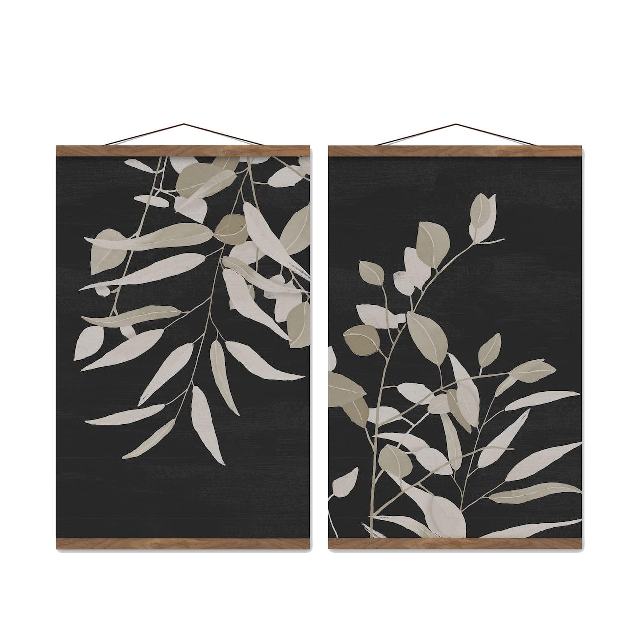 Black and White Greenery 16" x 24" Teak Hanging Canvas - Set of 2